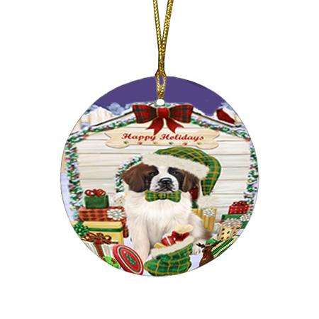 Happy Holidays Christmas Saint Bernard Dog House With Presents Round Flat Christmas Ornament RFPOR51479
