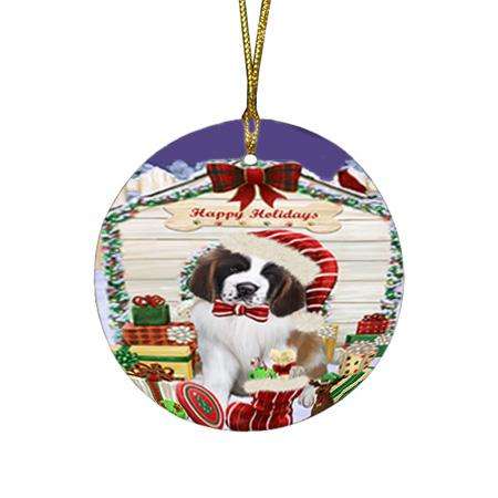 Happy Holidays Christmas Saint Bernard Dog House With Presents Round Flat Christmas Ornament RFPOR51482