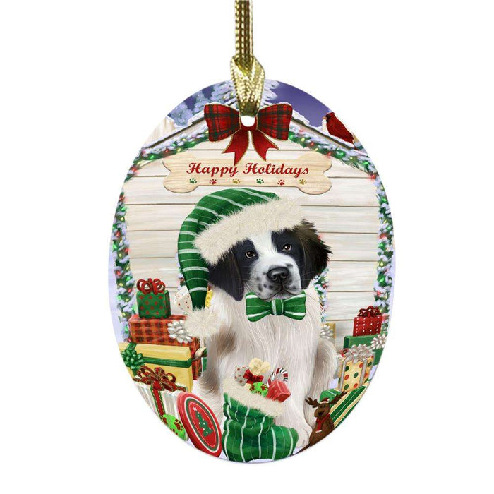 Happy Holidays Christmas Saint Bernard House With Presents Oval Glass Christmas Ornament OGOR49975