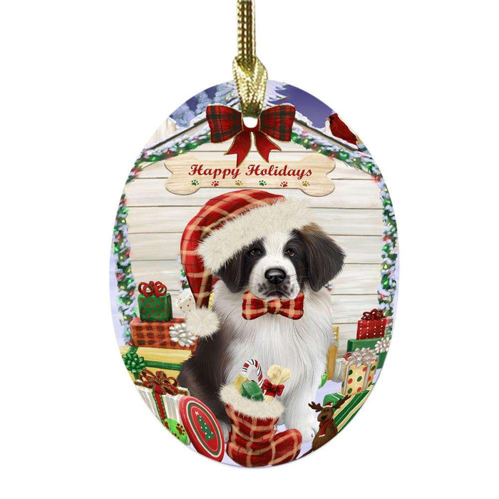 Happy Holidays Christmas Saint Bernard House With Presents Oval Glass Christmas Ornament OGOR49976