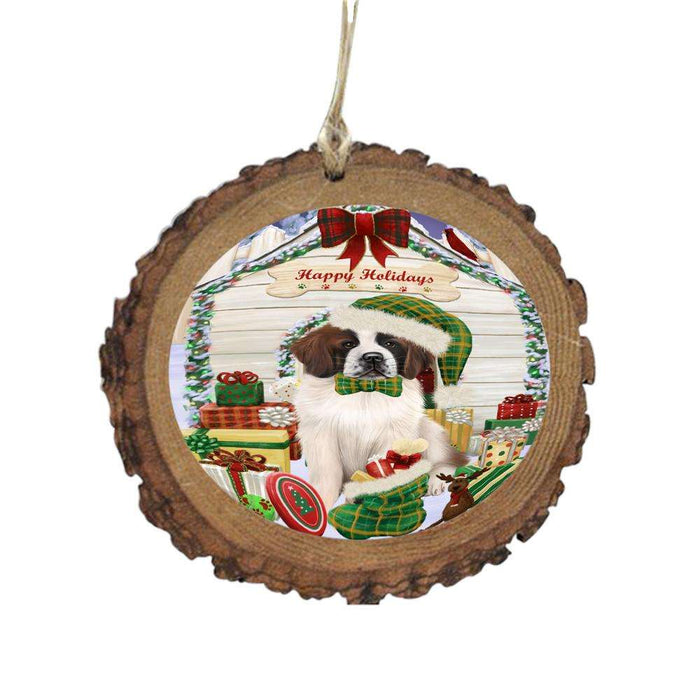 Happy Holidays Christmas Saint Bernard House With Presents Wooden Christmas Ornament WOR49974