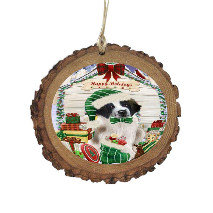 Happy Holidays Christmas Saint Bernard House With Presents Wooden Christmas Ornament WOR49975