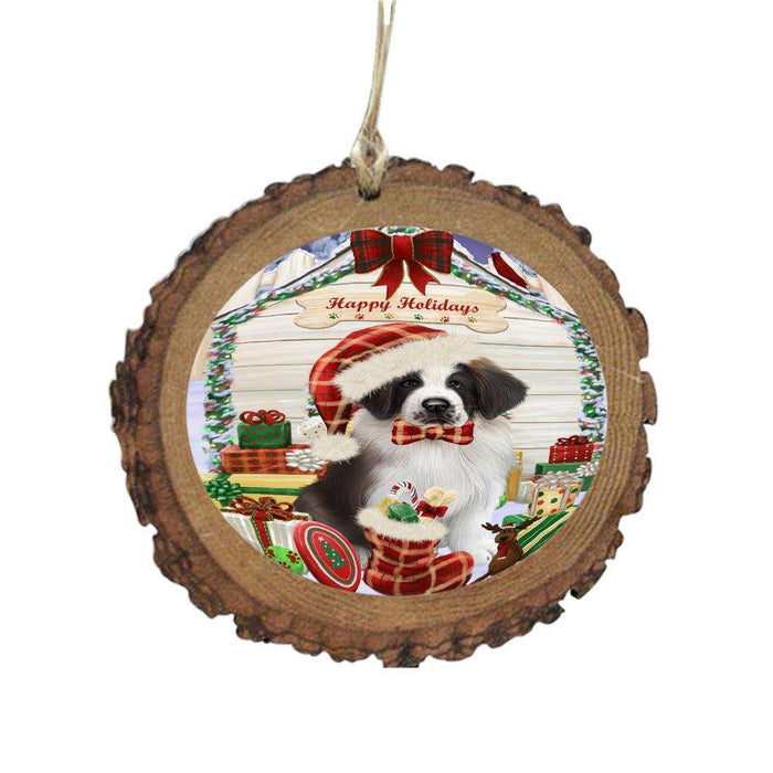 Happy Holidays Christmas Saint Bernard House With Presents Wooden Christmas Ornament WOR49976