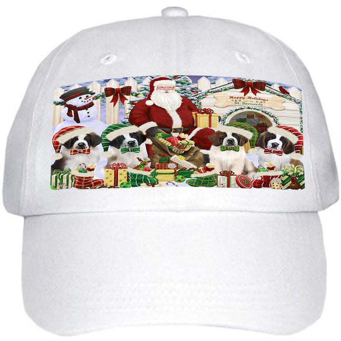 Happy Holidays Christmas Saint Bernards Dog House Gathering Ball Hat Cap HAT58116