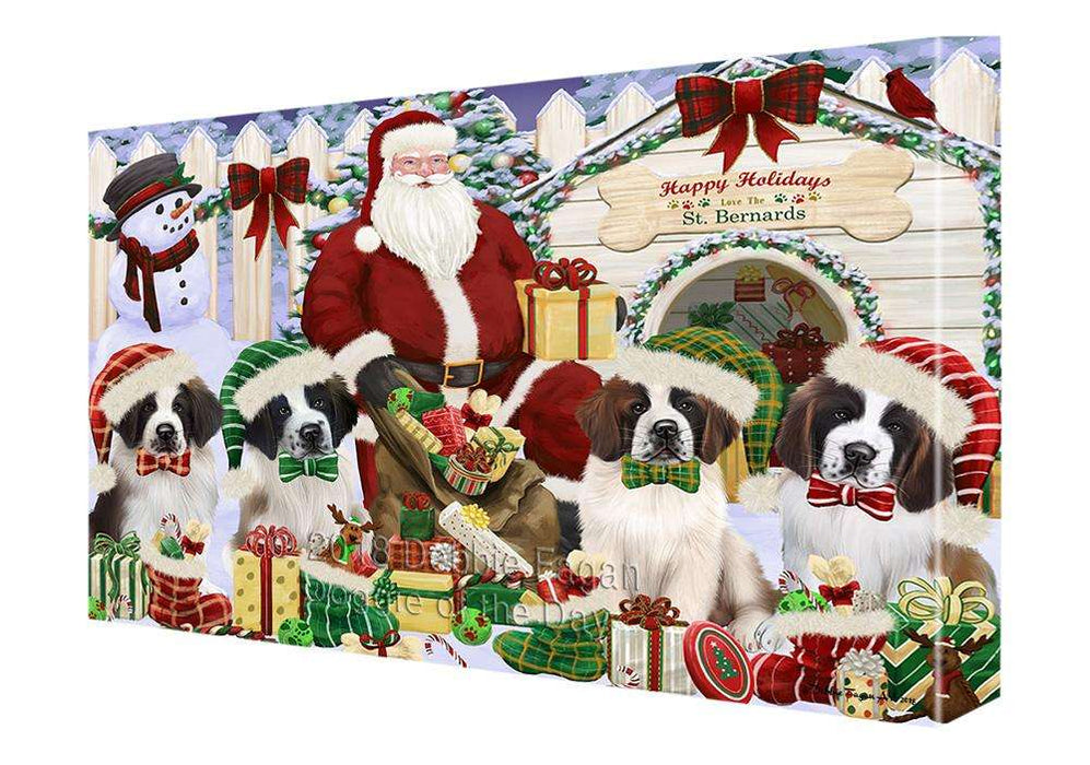Happy Holidays Christmas Saint Bernards Dog House Gathering Canvas Print Wall Art Décor CVS80414