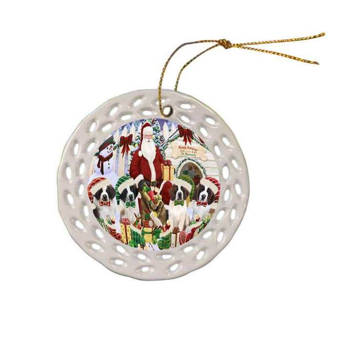Happy Holidays Christmas Saint Bernards Dog House Gathering Ceramic Doily Ornament DPOR51461