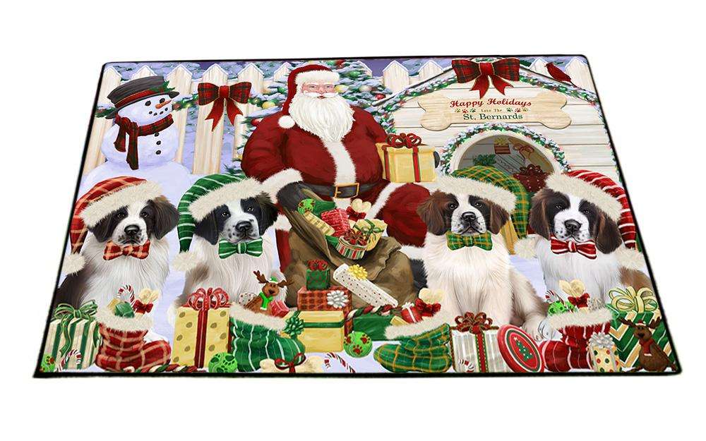 Happy Holidays Christmas Saint Bernards Dog House Gathering Floormat FLMS51138
