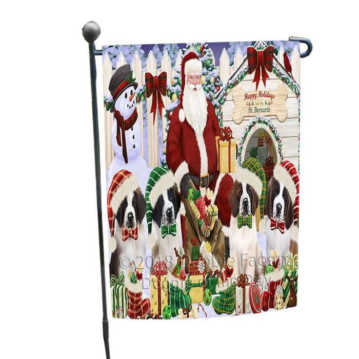 Happy Holidays Christmas Saint Bernards Dog House Gathering Garden Flag GFLG51458