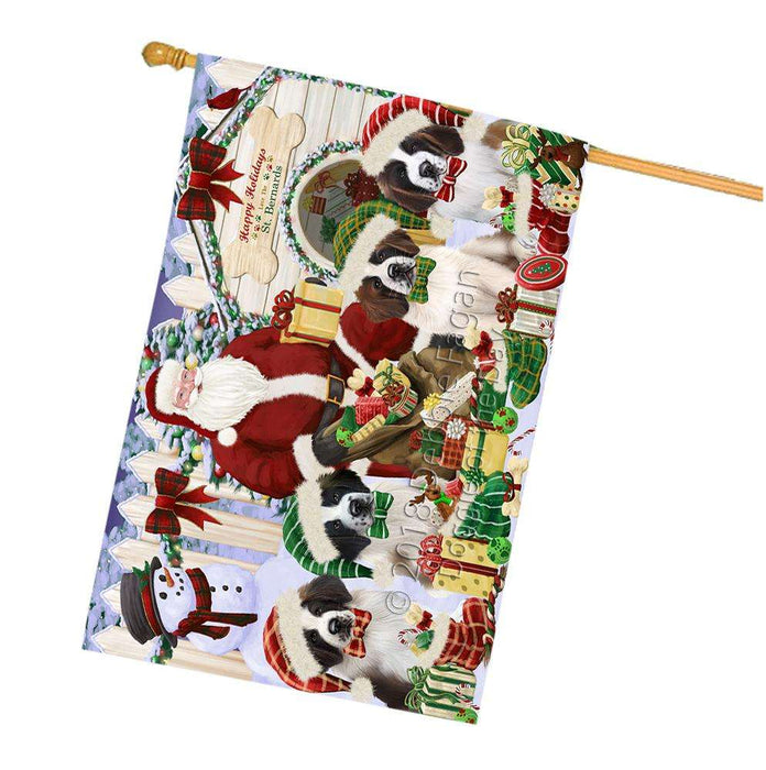 Happy Holidays Christmas Saint Bernards Dog House Gathering House Flag FLG51594