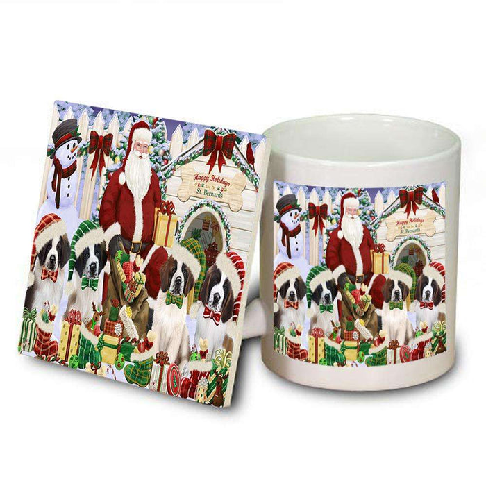 Happy Holidays Christmas Saint Bernards Dog House Gathering Mug and Coaster Set MUC51453
