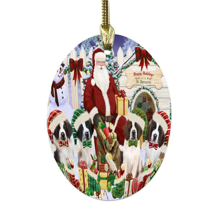 Happy Holidays Christmas Saint Bernards Dog House Gathering Oval Glass Christmas Ornament OGOR49730