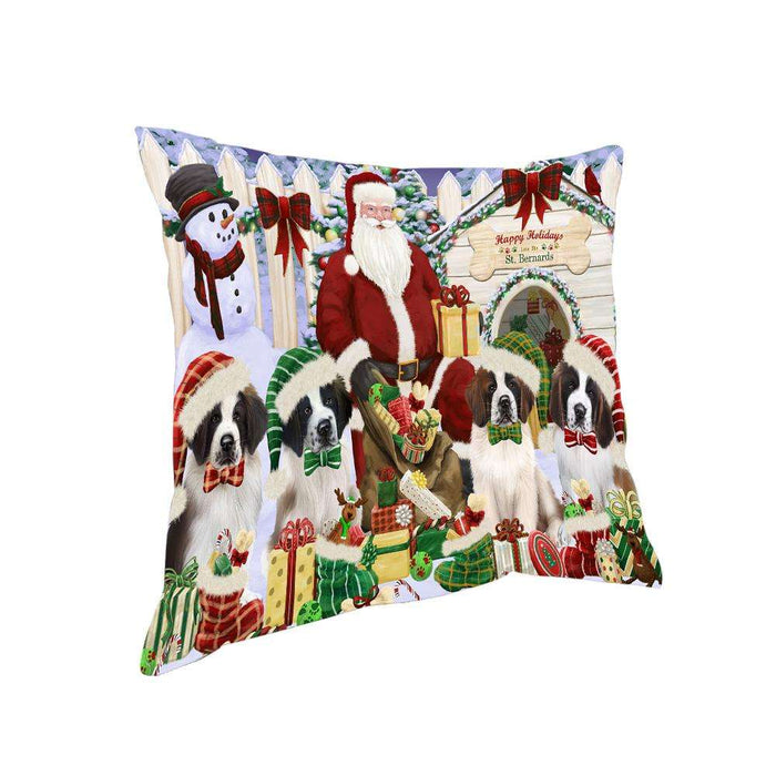 Happy Holidays Christmas Saint Bernards Dog House Gathering Pillow PIL62208