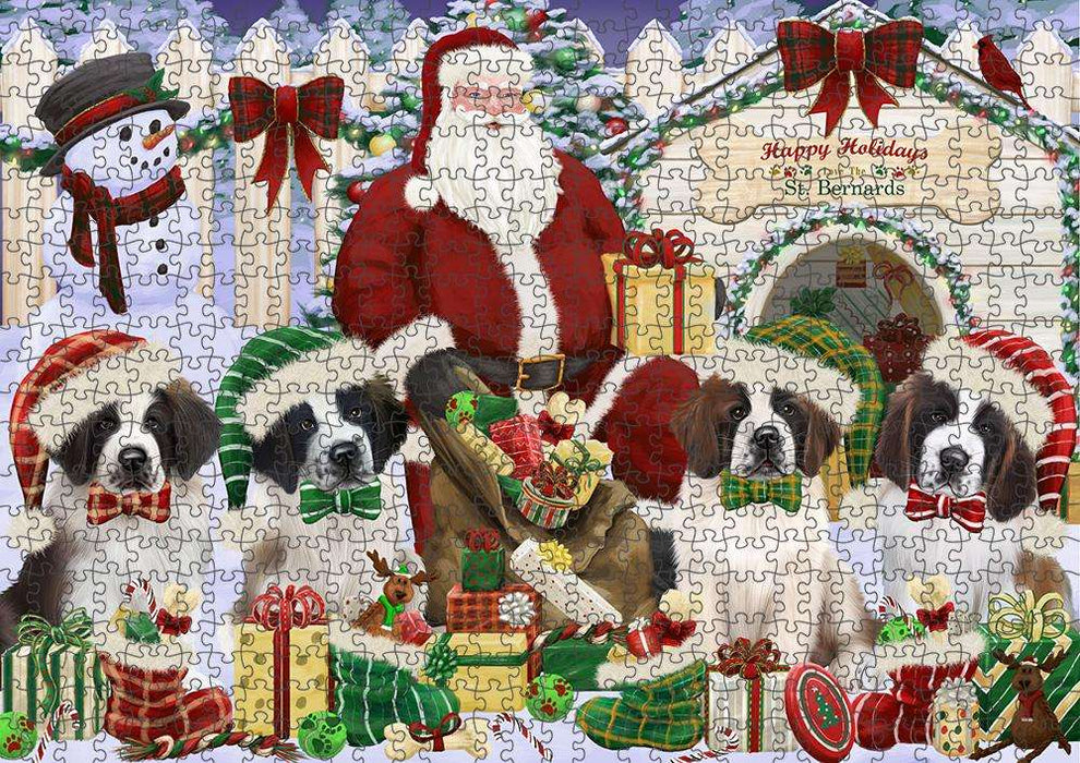 Happy Holidays Christmas Saint Bernards Dog House Gathering Puzzle with Photo Tin PUZL58470