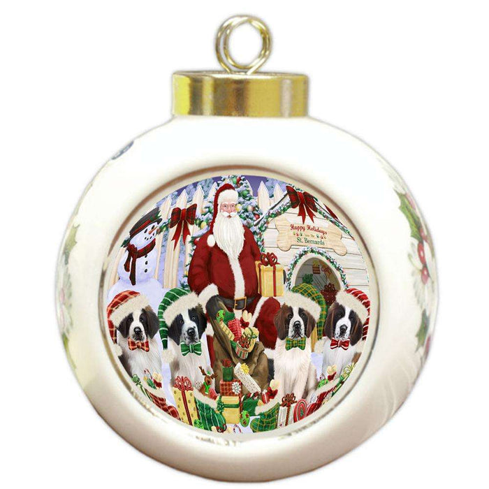 Happy Holidays Christmas Saint Bernards Dog House Gathering Round Ball Christmas Ornament RBPOR51461