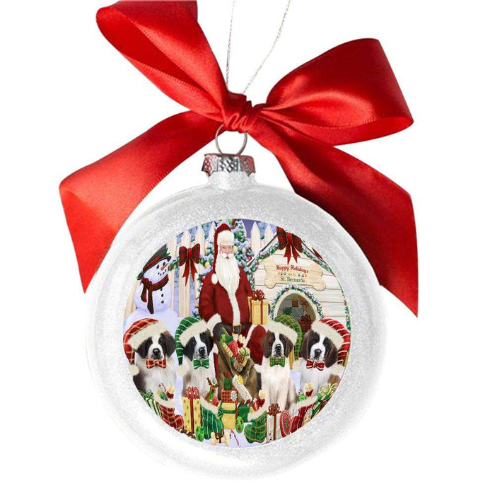 Happy Holidays Christmas Saint Bernards Dog House Gathering White Round Ball Christmas Ornament WBSOR49730