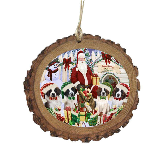 Happy Holidays Christmas Saint Bernards Dog House Gathering Wooden Christmas Ornament WOR49730