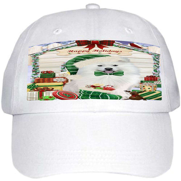 Happy Holidays Christmas Samoyed Dog House With Presents Ball Hat Cap HAT60312