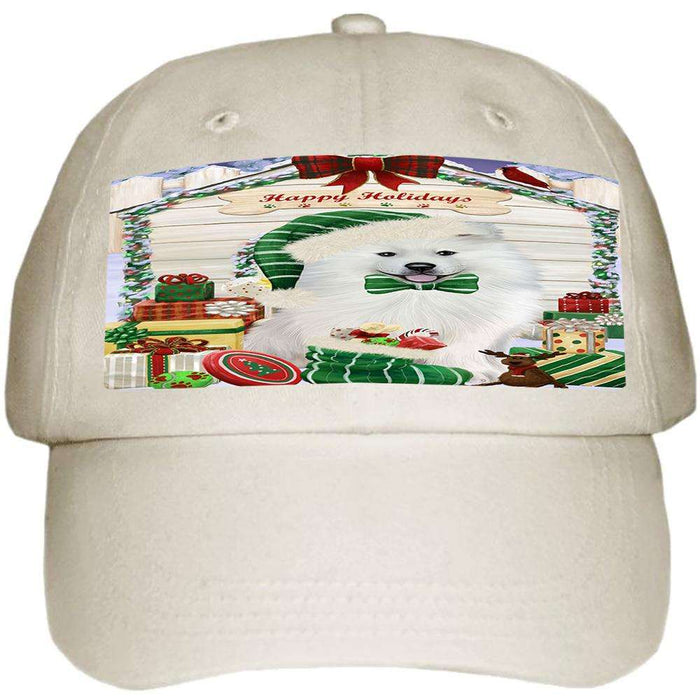 Happy Holidays Christmas Samoyed Dog House With Presents Ball Hat Cap HAT60312