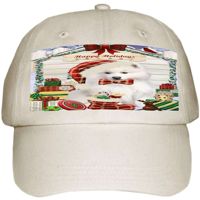 Happy Holidays Christmas Samoyed Dog House With Presents Ball Hat Cap HAT60315