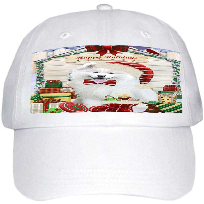 Happy Holidays Christmas Samoyed Dog House With Presents Ball Hat Cap HAT60318