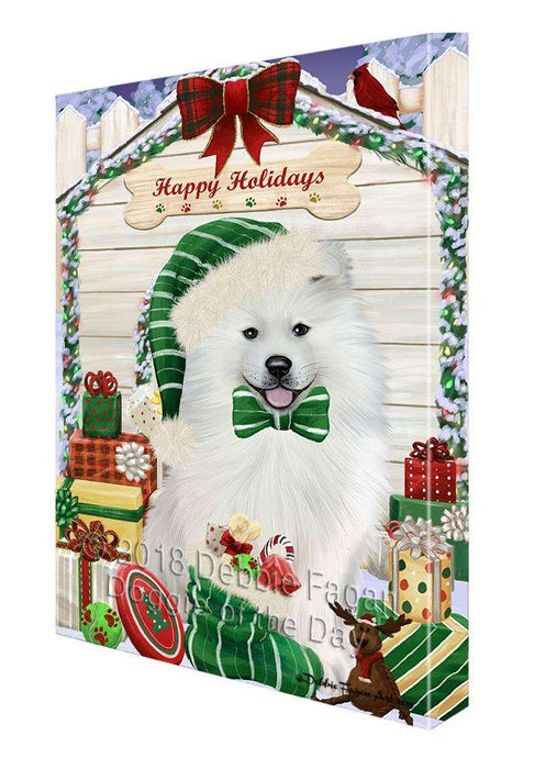 Happy Holidays Christmas Samoyed Dog House With Presents Canvas Print Wall Art Décor CVS86534