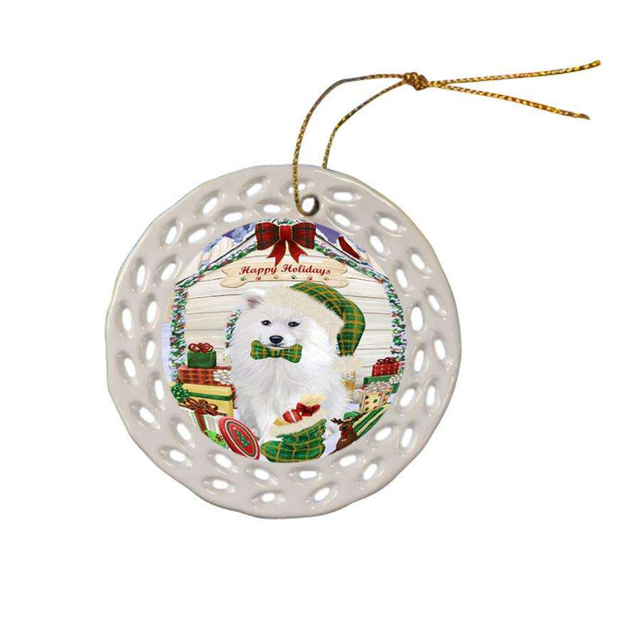 Happy Holidays Christmas Samoyed Dog House With Presents Ceramic Doily Ornament DPOR52140