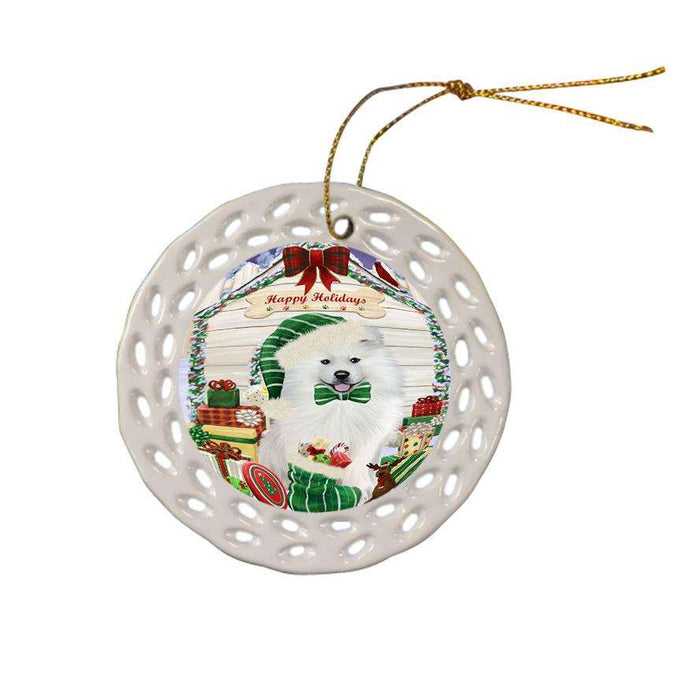 Happy Holidays Christmas Samoyed Dog House With Presents Ceramic Doily Ornament DPOR52141