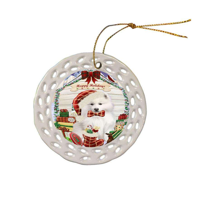 Happy Holidays Christmas Samoyed Dog House With Presents Ceramic Doily Ornament DPOR52142