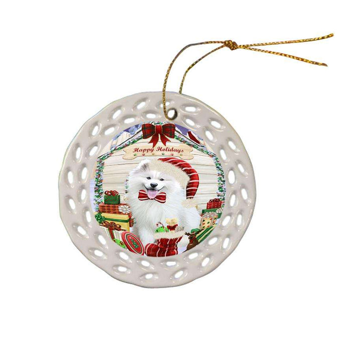 Happy Holidays Christmas Samoyed Dog House With Presents Ceramic Doily Ornament DPOR52143