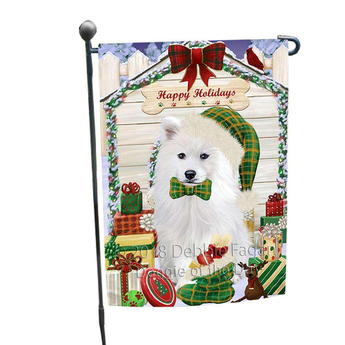 Happy Holidays Christmas Samoyed Dog House With Presents Garden Flag GFLG52137