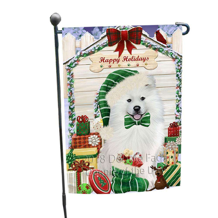 Happy Holidays Christmas Samoyed Dog House With Presents Garden Flag GFLG52138