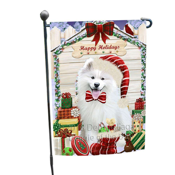 Happy Holidays Christmas Samoyed Dog House With Presents Garden Flag GFLG52140