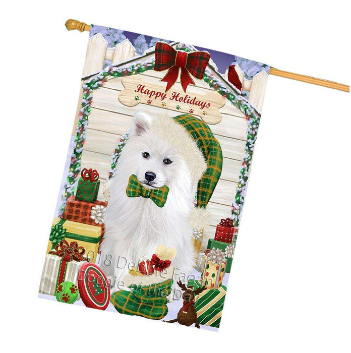 Happy Holidays Christmas Samoyed Dog House With Presents House Flag FLG52273