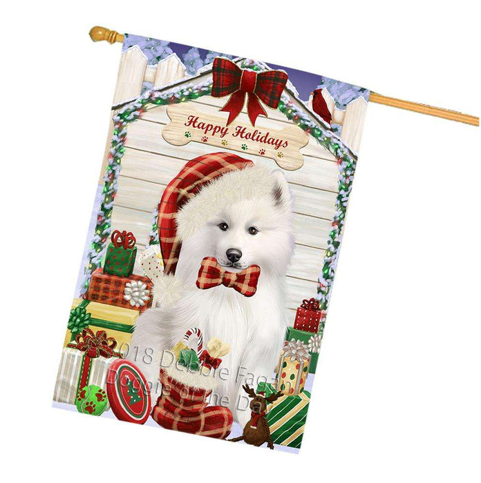 Happy Holidays Christmas Samoyed Dog House With Presents House Flag FLG52275