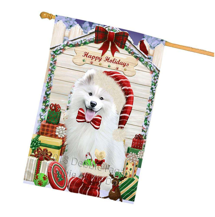 Happy Holidays Christmas Samoyed Dog House With Presents House Flag FLG52276