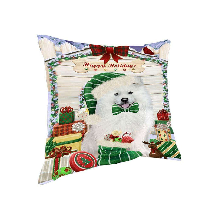 Happy Holidays Christmas Samoyed Dog House With Presents Pillow PIL64928