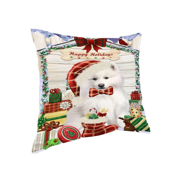 Happy Holidays Christmas Samoyed Dog House With Presents Pillow PIL64932