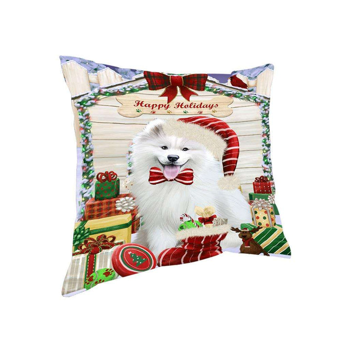 Happy Holidays Christmas Samoyed Dog House With Presents Pillow PIL64936