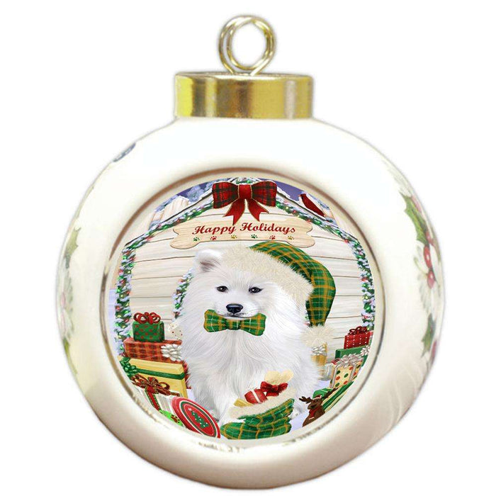 Happy Holidays Christmas Samoyed Dog House With Presents Round Ball Christmas Ornament RBPOR52140