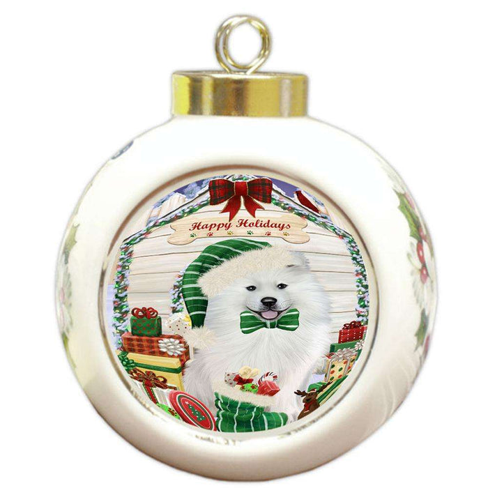 Happy Holidays Christmas Samoyed Dog House With Presents Round Ball Christmas Ornament RBPOR52141