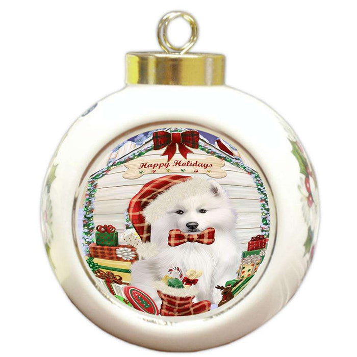 Happy Holidays Christmas Samoyed Dog House With Presents Round Ball Christmas Ornament RBPOR52142