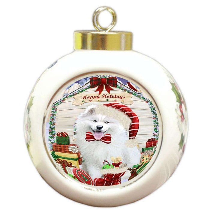 Happy Holidays Christmas Samoyed Dog House With Presents Round Ball Christmas Ornament RBPOR52143