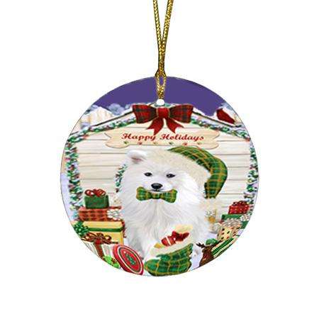 Happy Holidays Christmas Samoyed Dog House With Presents Round Flat Christmas Ornament RFPOR52131