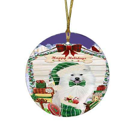 Happy Holidays Christmas Samoyed Dog House With Presents Round Flat Christmas Ornament RFPOR52132