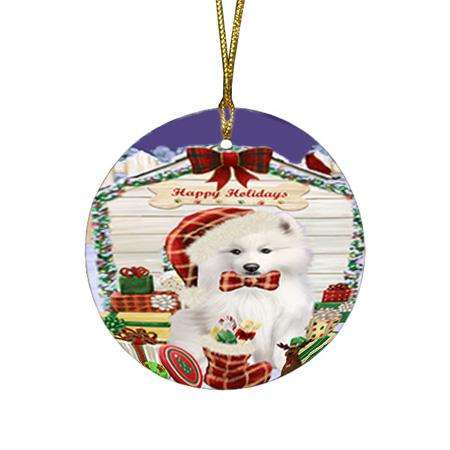 Happy Holidays Christmas Samoyed Dog House With Presents Round Flat Christmas Ornament RFPOR52133