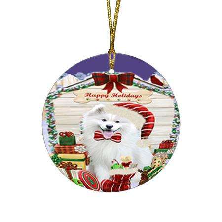 Happy Holidays Christmas Samoyed Dog House With Presents Round Flat Christmas Ornament RFPOR52134