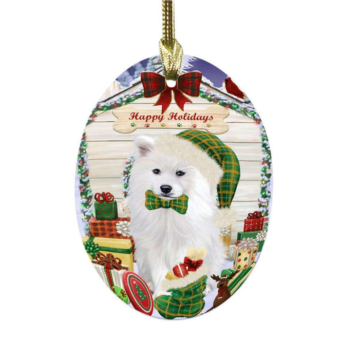 Happy Holidays Christmas Samoyed House With Presents Oval Glass Christmas Ornament OGOR49942