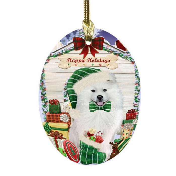 Happy Holidays Christmas Samoyed House With Presents Oval Glass Christmas Ornament OGOR49943