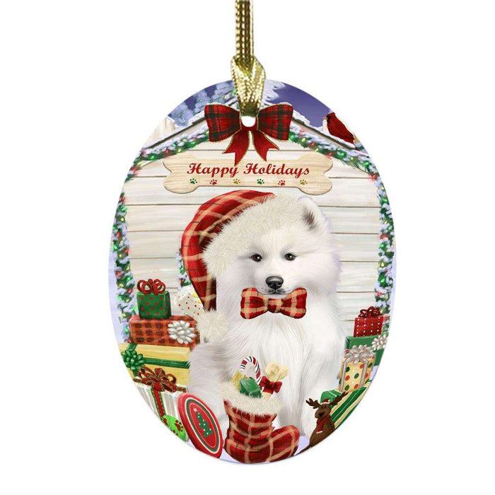 Happy Holidays Christmas Samoyed House With Presents Oval Glass Christmas Ornament OGOR49944
