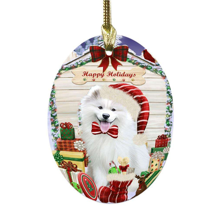 Happy Holidays Christmas Samoyed House With Presents Oval Glass Christmas Ornament OGOR49945